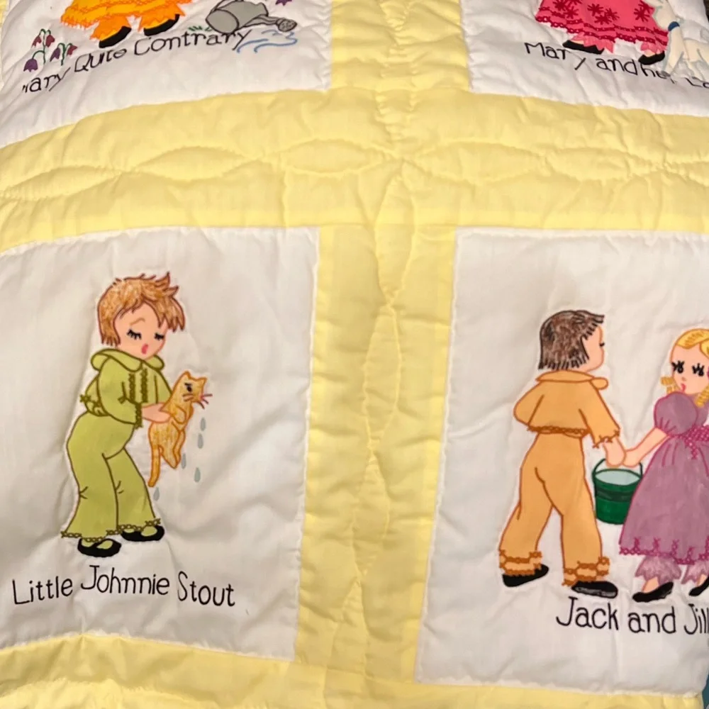 Vintage Handmade Nursery Rhyme Quilt – Embroidered & Hand-Quilted – Yellow